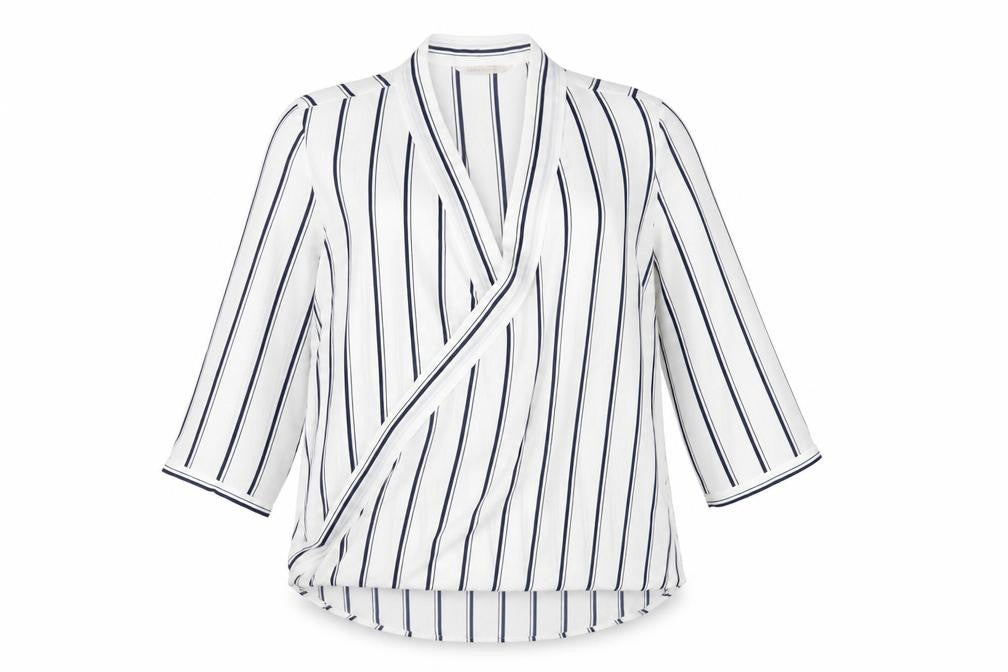 Marks & Spencer Womens White Striped Polyester Basic Blouse Size 14 V-Neck