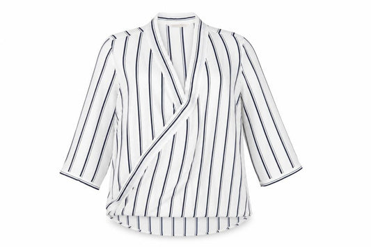 Marks & Spencer Womens White Striped Polyester Basic Blouse Size 14 V-Neck