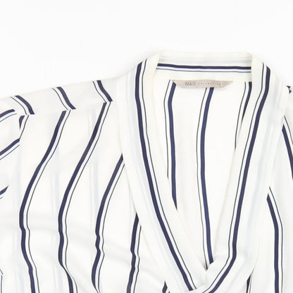 Marks & Spencer Womens White Striped Polyester Basic Blouse Size 14 V-Neck