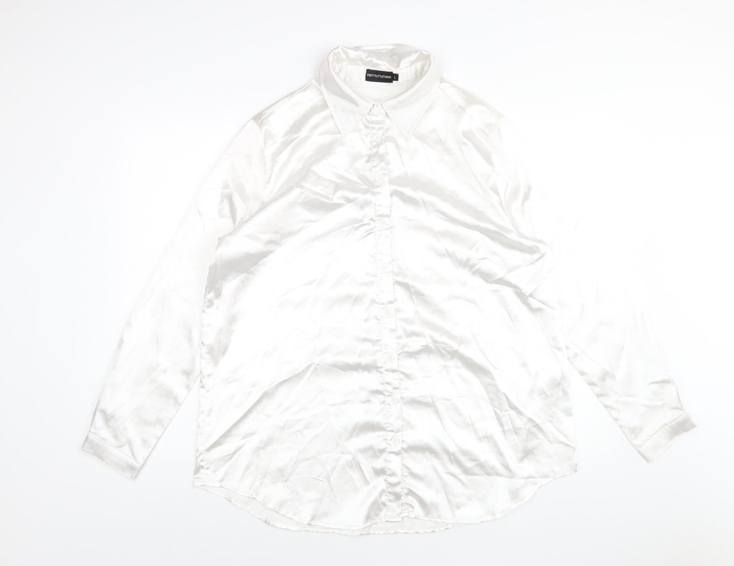 PRETTYLITTLETHING Womens White Polyester Basic Button-Up Size L Collared