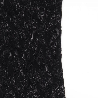 Close-up detail of Principles women’s black nylon bodycon, size UK 12, v-neck pullover
