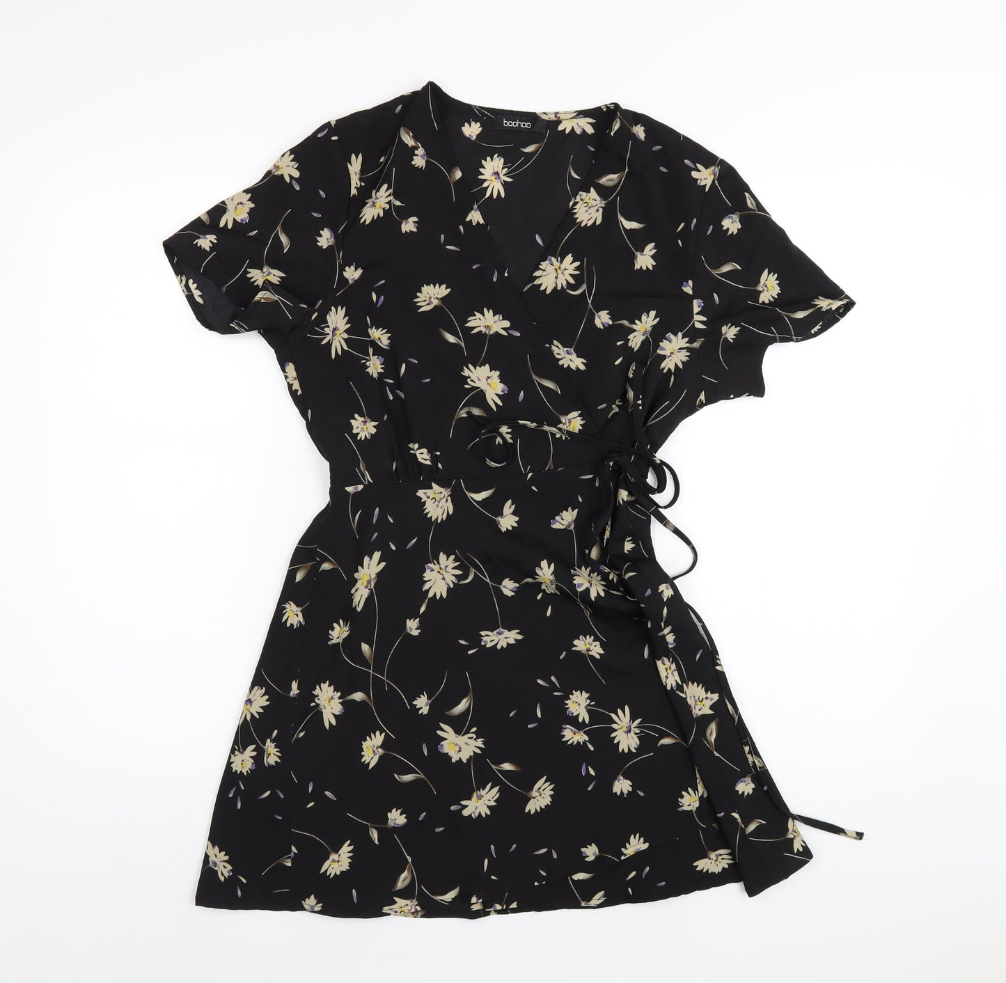 Boohoo Womens Black Floral Polyester Wrap Dress Size 12 V-Neck Tie