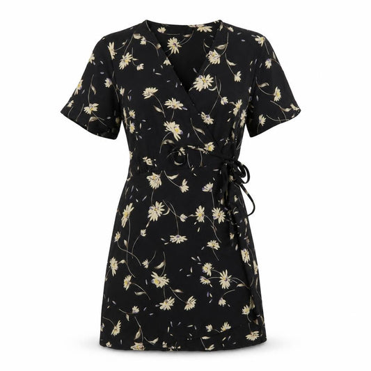 Boohoo Womens Black Floral Polyester Wrap Dress Size 12 V-Neck Tie