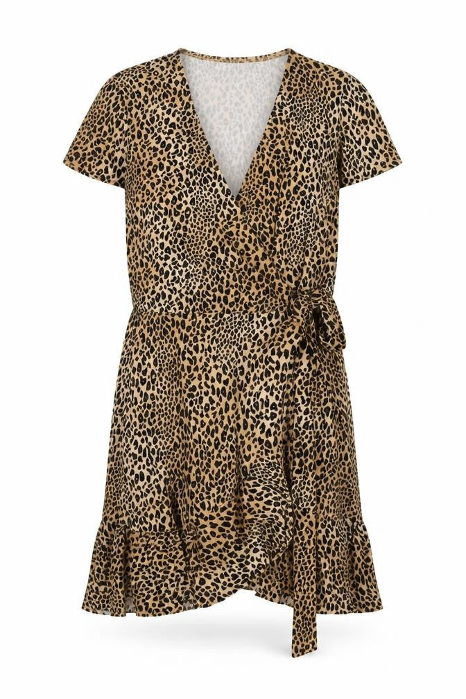 H&M Womens Brown Animal Print Polyester Wrap Dress Size 10 V-Neck Tie