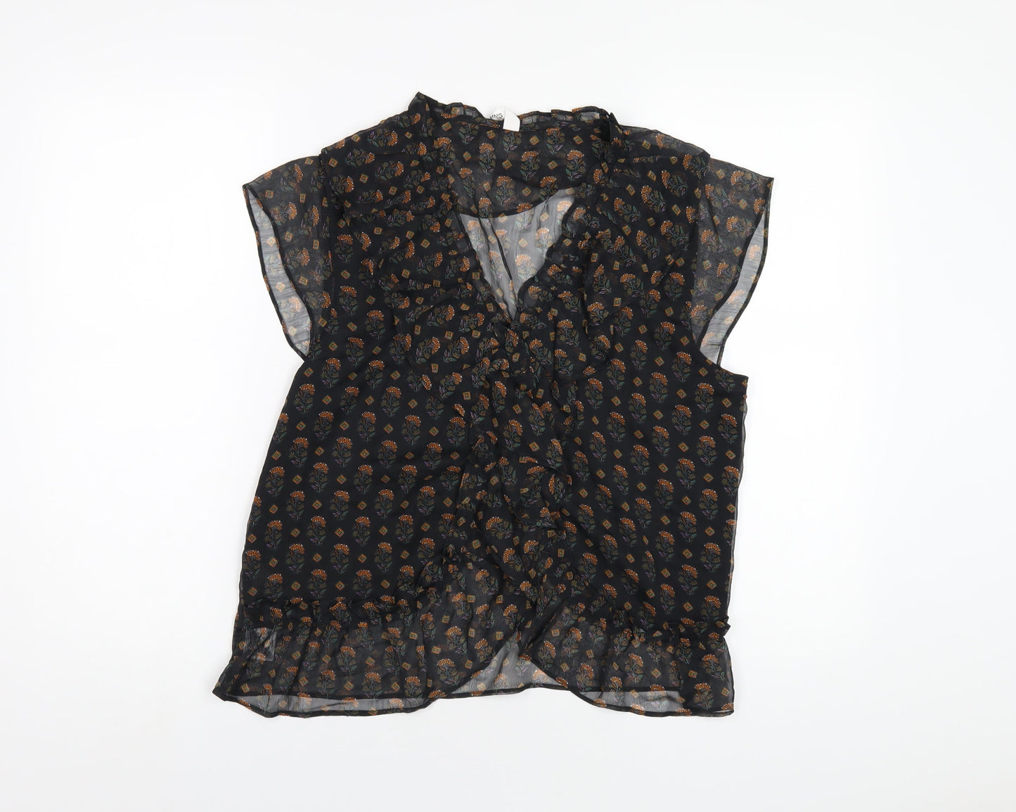 Mango Womens Black Floral Polyester Basic Blouse Size M V-Neck