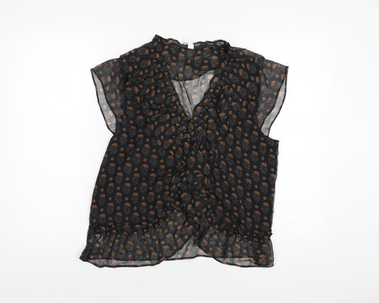 Mango Womens Black Floral Polyester Basic Blouse Size M V-Neck