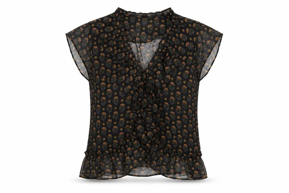 Mango Womens Black Floral Polyester Basic Blouse Size M V-Neck