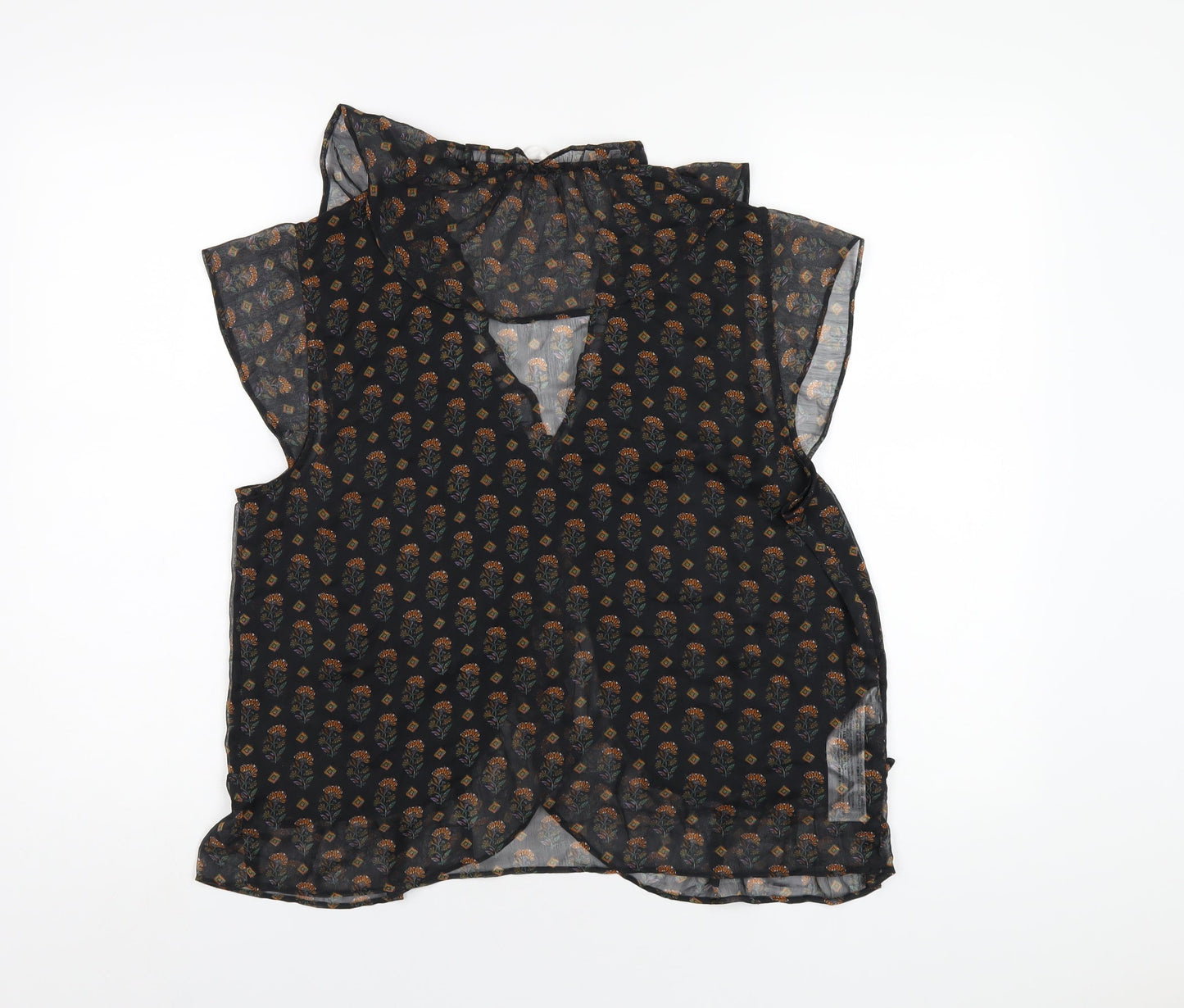 Mango Womens Black Floral Polyester Basic Blouse Size M V-Neck