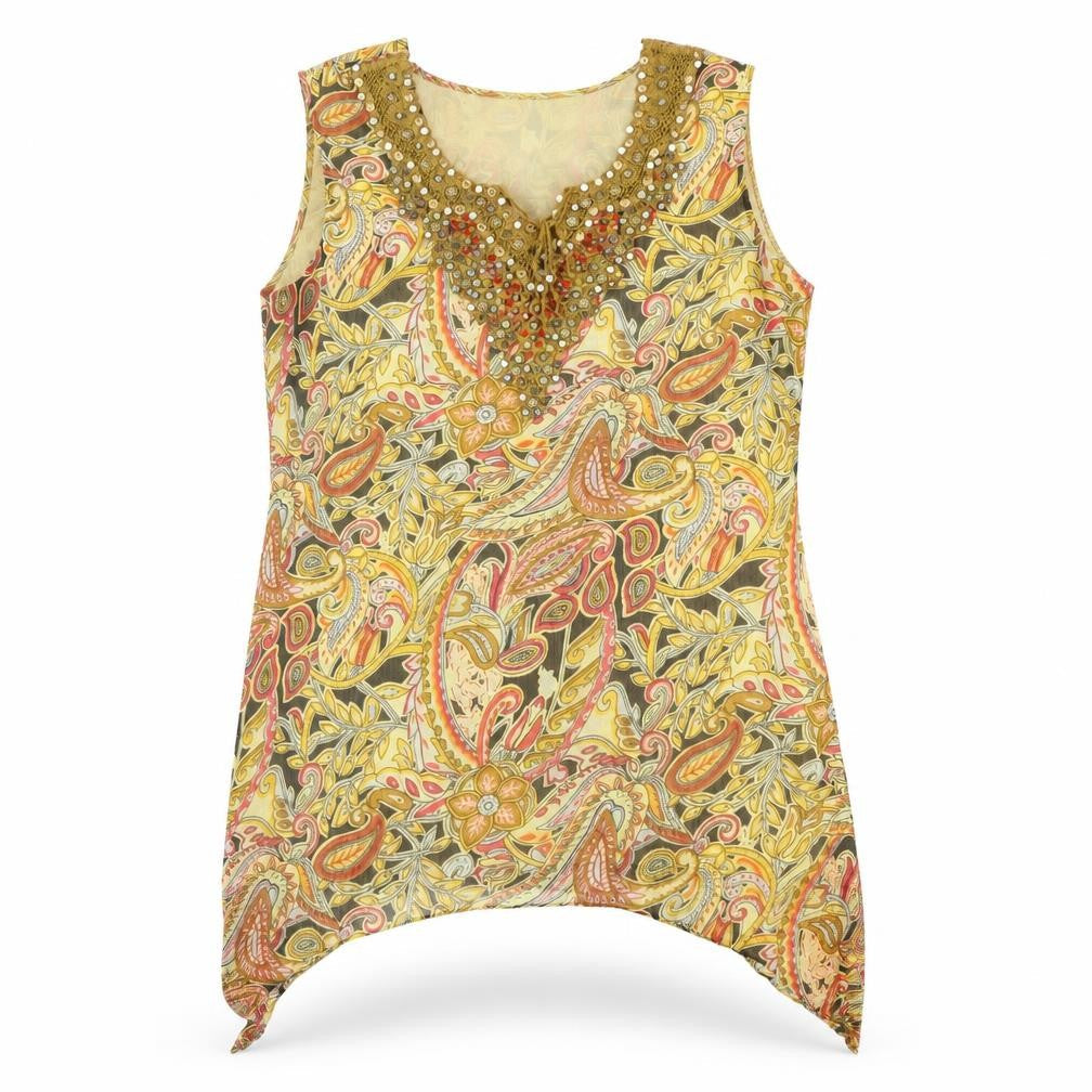Ark Womens Yellow Paisley Polyester Basic Blouse Size L Round Neck - Embellished Neckline