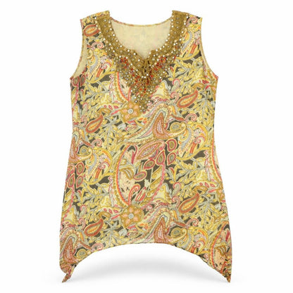 Ark Womens Yellow Paisley Polyester Basic Blouse Size L Round Neck - Embellished Neckline