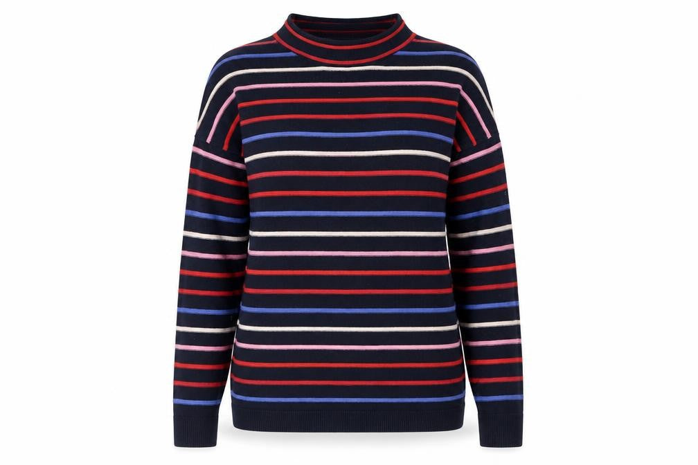 Warehouse Womens Blue Mock Neck Striped Cotton Pullover Jumper Size 8