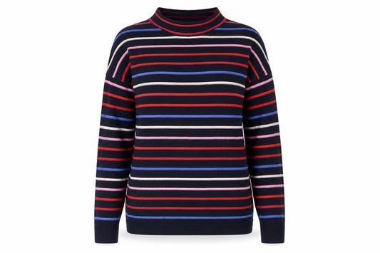 Warehouse Womens Blue Mock Neck Striped Cotton Pullover Jumper Size 8