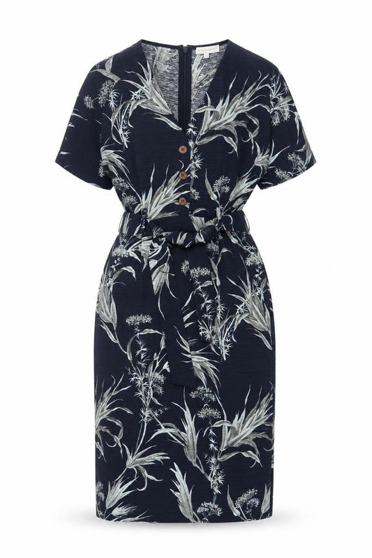 Warehouse Womens Blue Floral Polyester Sheath Size 8 V-Neck Zip - Belted