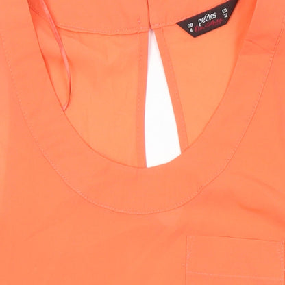 Close-up detail of Miss Selfridge women’s orange polyester tunic blouse, size UK 4, scoop neck