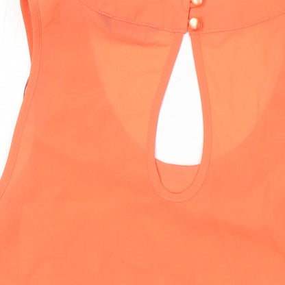 Brand and care label for Miss Selfridge women’s orange polyester tunic blouse, size UK 4, scoop neck