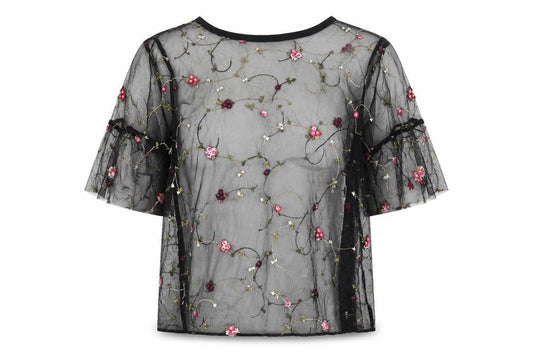 Chic Coral Womens Multicoloured Floral Polyester Tunic Blouse Size 10 Round Neck - Embroidered Flowers