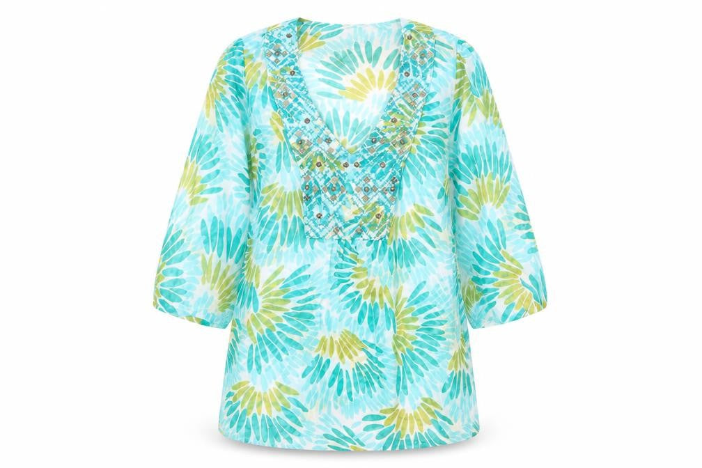 Monsoon Womens Multicoloured Geometric Silk Tunic Blouse Size 10 V-Neck