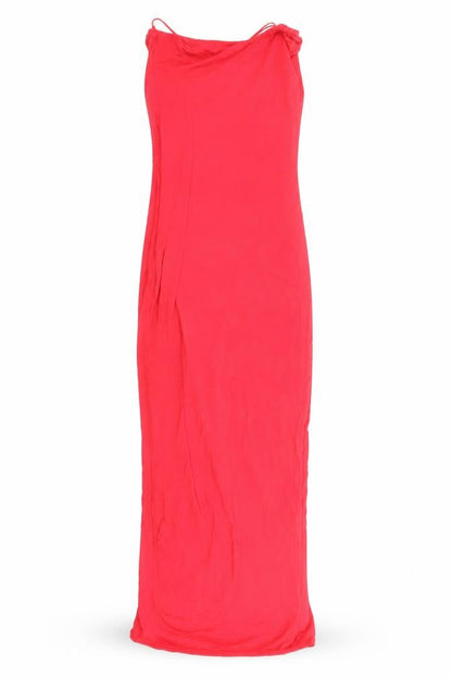 Front view of Misguided women’s red viscose maxi, size S, off the shoulder