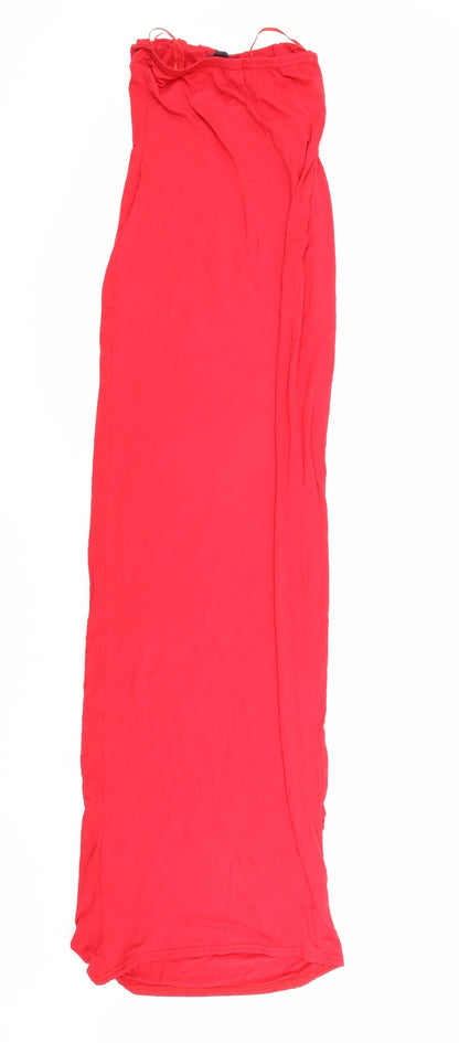 Back view of Misguided women’s red viscose maxi, size S, off the shoulder