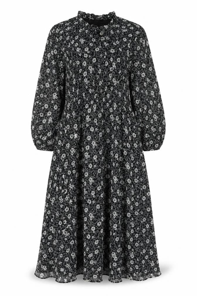 Mango Womens Black Floral Polyester A-Line Size S Round Neck Button
