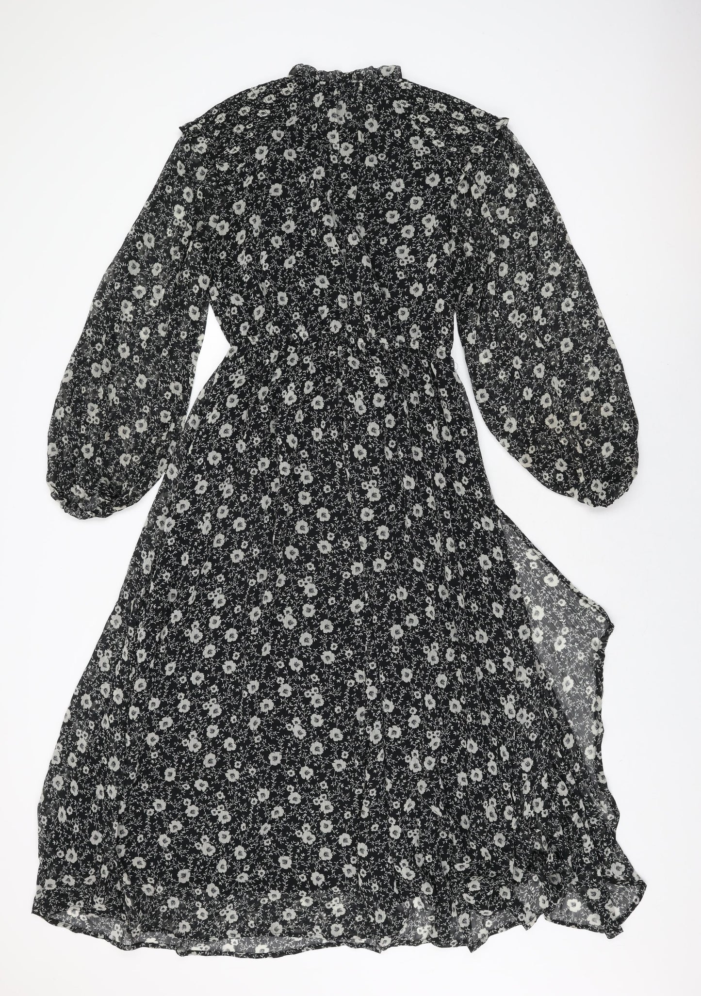 Mango Womens Black Floral Polyester A-Line Size S Round Neck Button