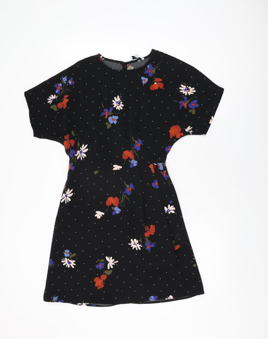 Warehouse Womens Black Floral Polyester Mini Size 6 Round Neck Zip