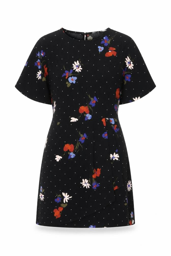 Warehouse Womens Black Floral Polyester Mini Size 6 Round Neck Zip