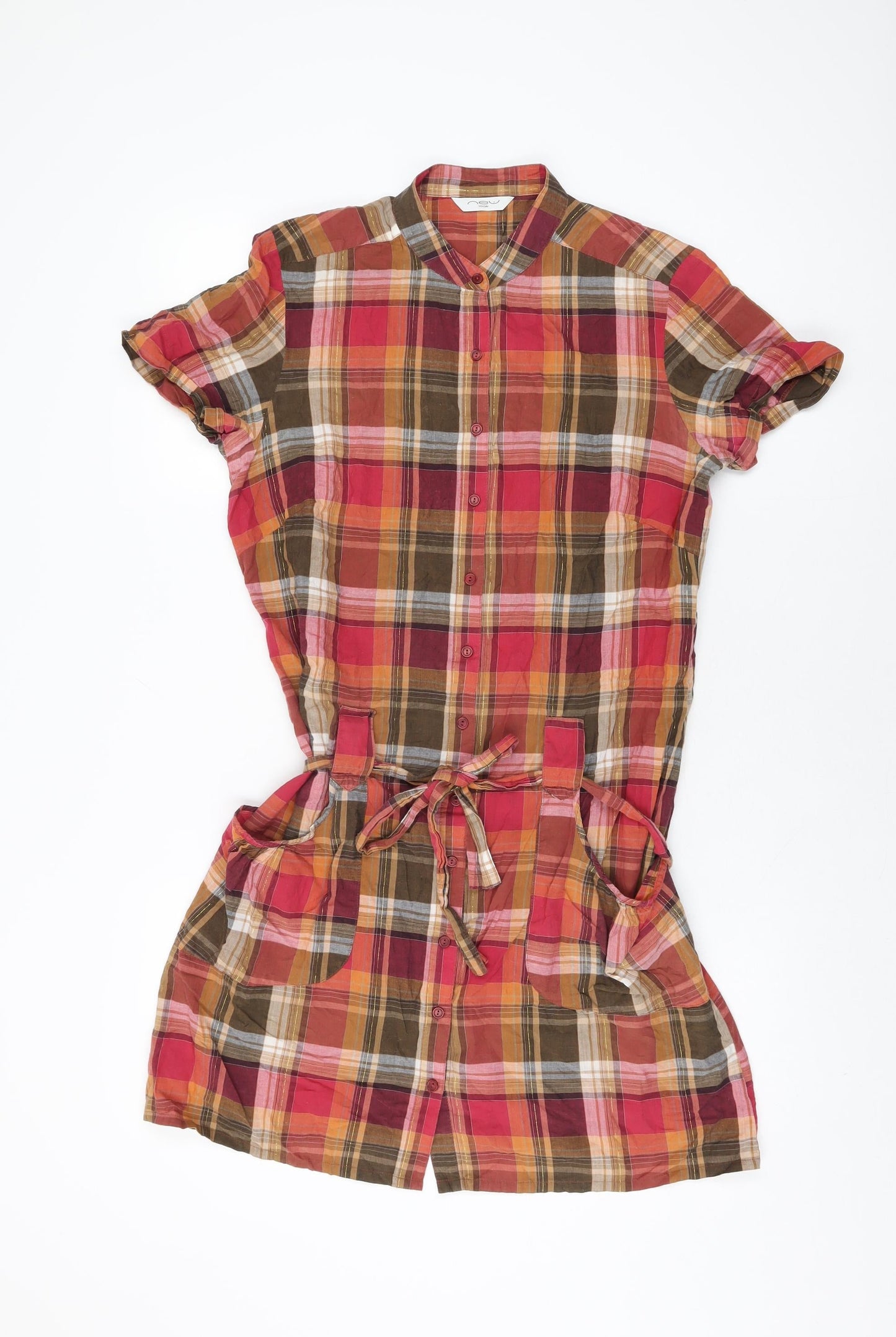 New Look Womens Red Plaid Cotton Basic Button-Up Size 12 Round Neck