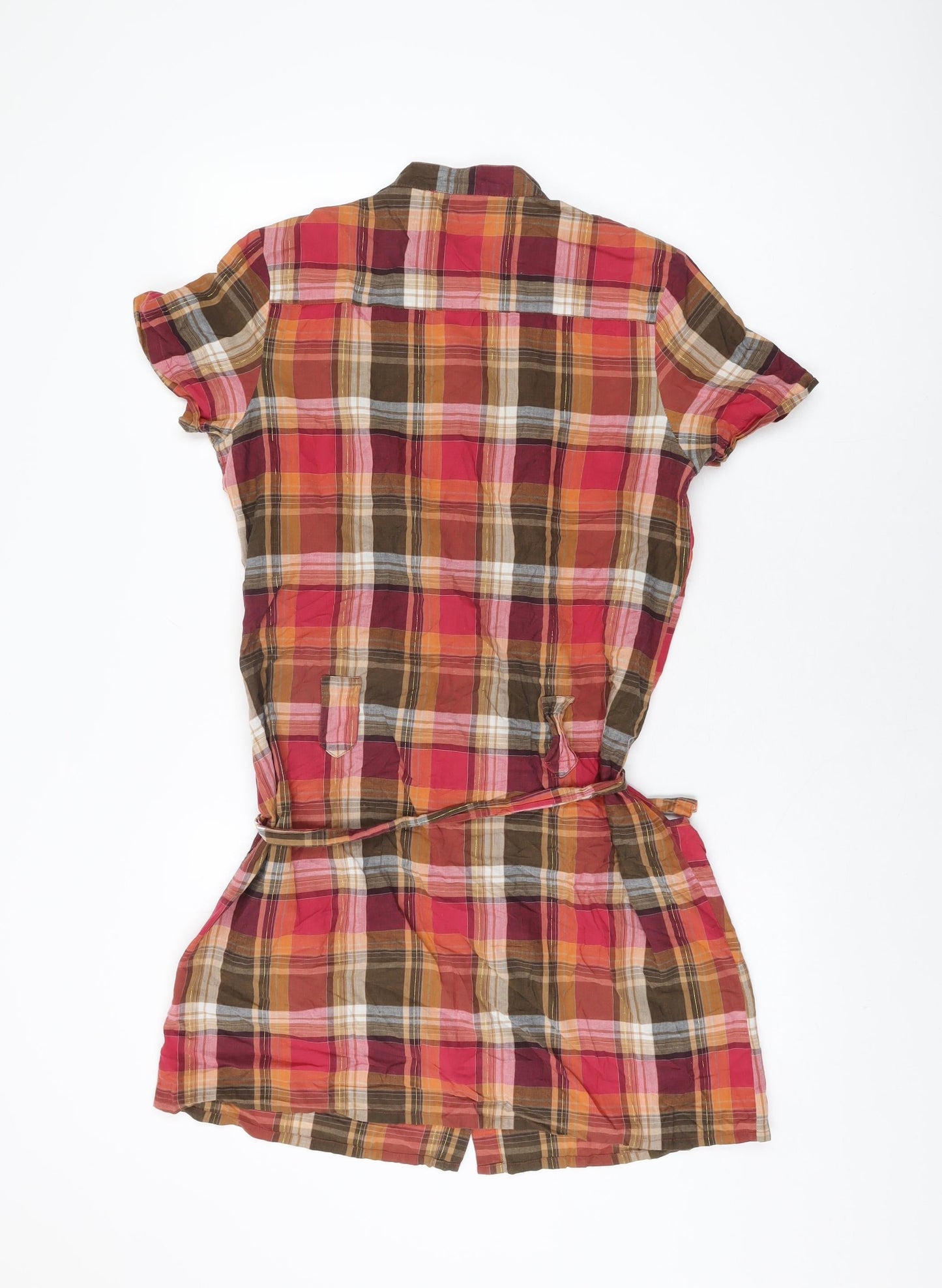 New Look Womens Red Plaid Cotton Basic Button-Up Size 12 Round Neck