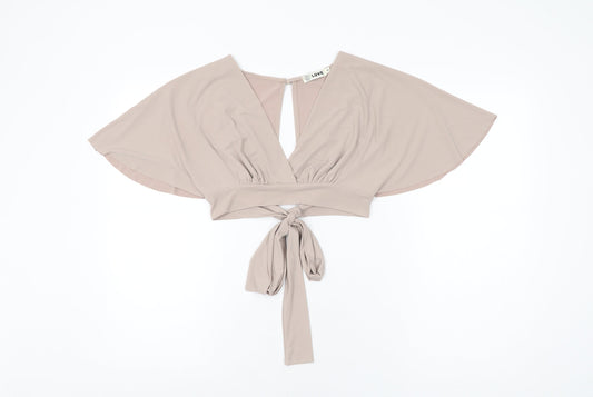 Love Womens Beige Polyester Cropped T-Shirt Size S V-Neck