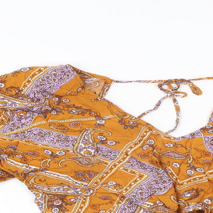 Close-up detail of Miss Selfridge women’s yellow floral viscose basic blouse, size UK 10, v-neck