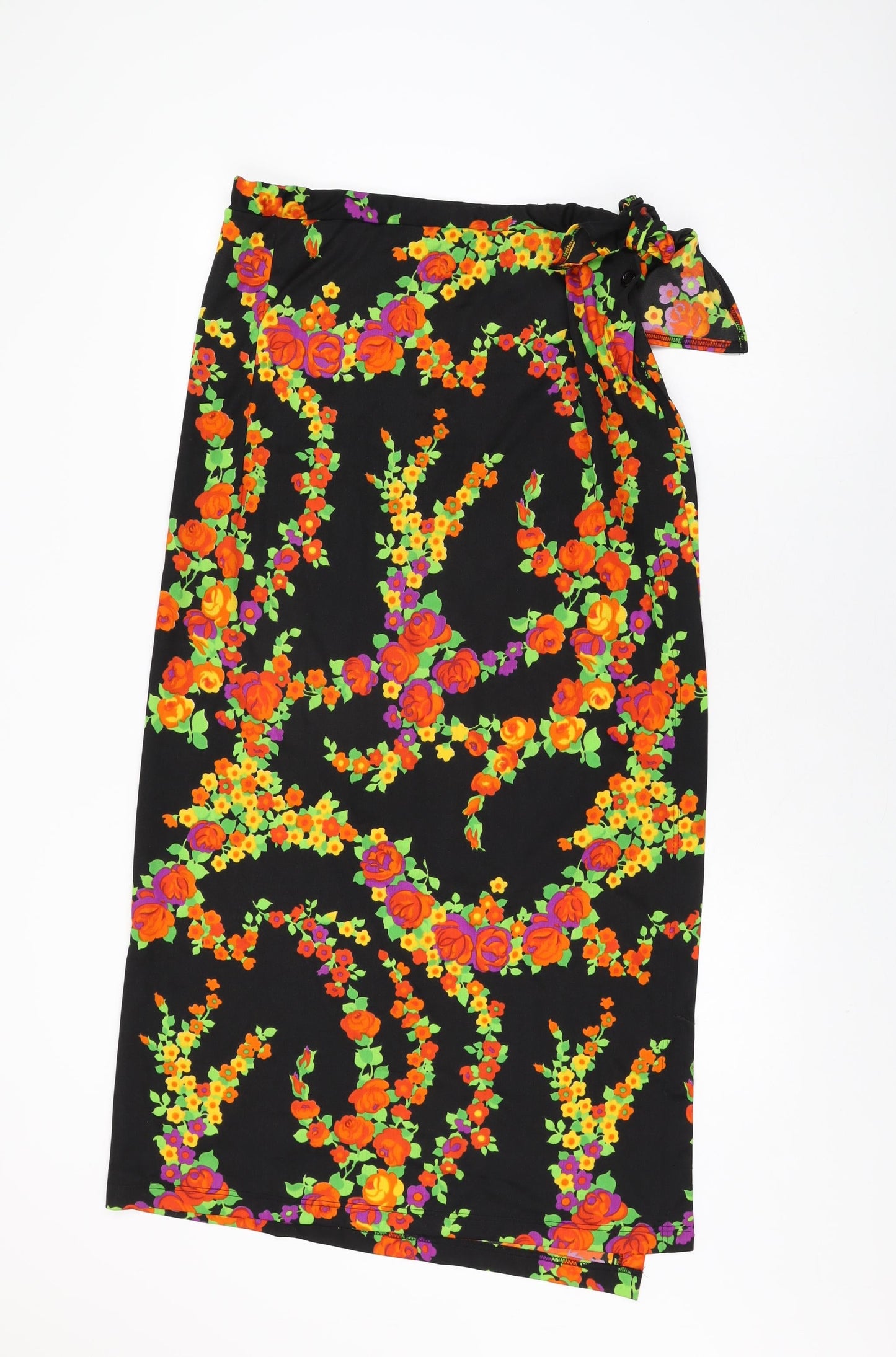 Jer-Sea Womens Black Floral Polyester Wrap Skirt Size 14 Button