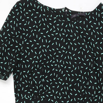 Marks & Spencer Womens Black Geometric Polyester Shift Size 8 Round Neck Zip