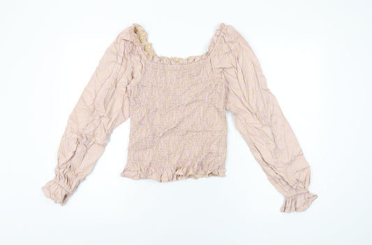 Pieces Womens Pink Floral Viscose Basic T-Shirt Size S Square Neck