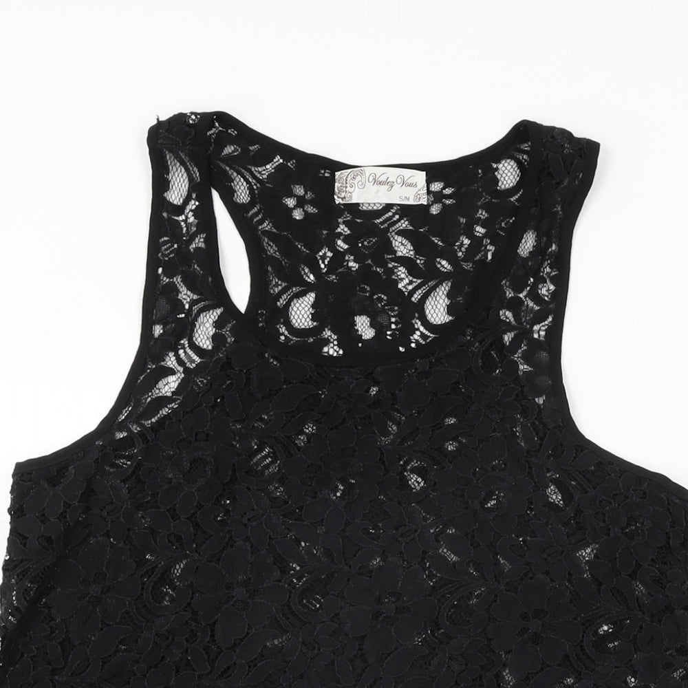 Vouley Vous Womens Black Floral Polyester Basic T-Shirt Size S Round Neck