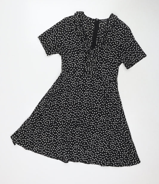 Nasty Gal Womens Black Floral Polyester Fit & Flare Size 8 V-Neck Zip