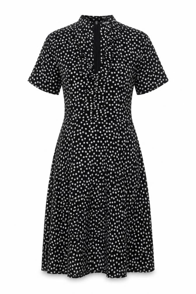 Nasty Gal Womens Black Floral Polyester Fit & Flare Size 8 V-Neck Zip