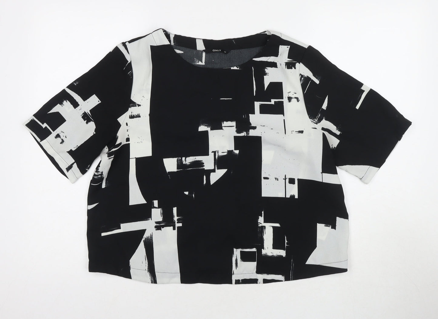Only Womens Black Geometric Polyester Basic Blouse Size 12 Round Neck