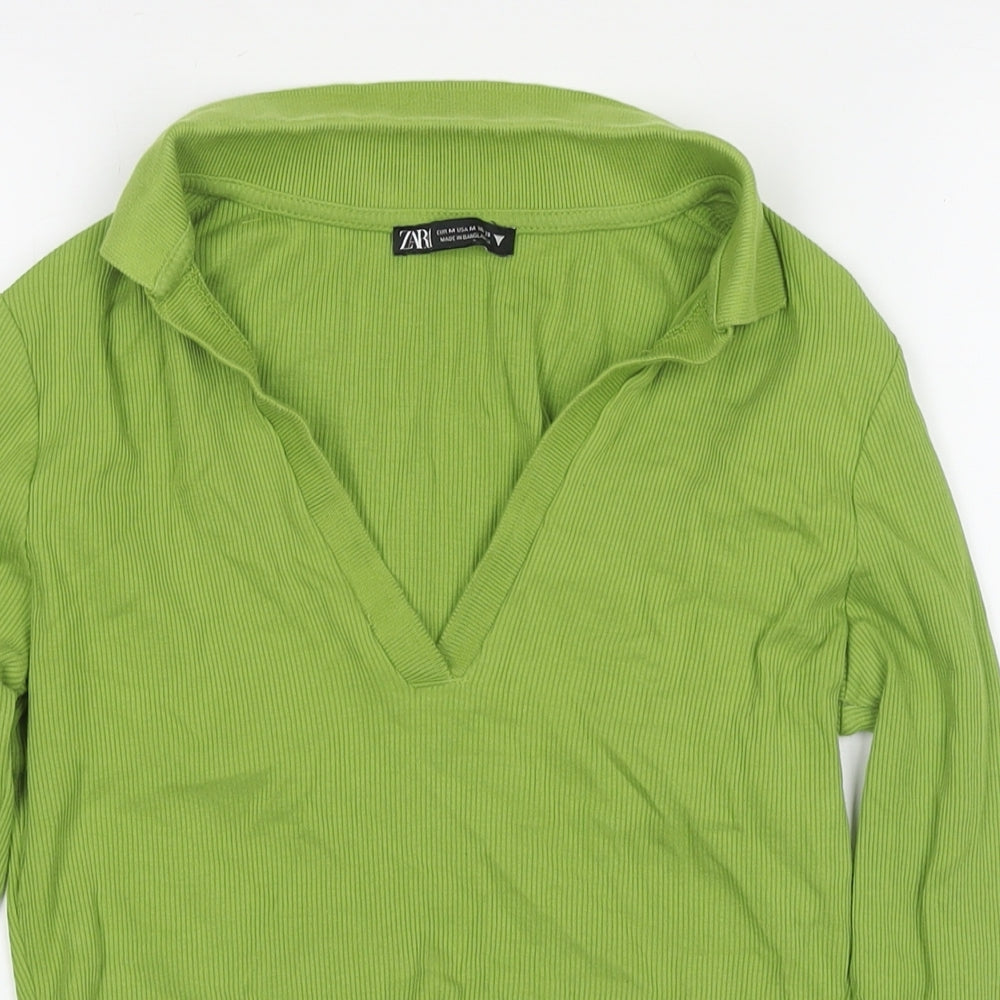 Zara Womens Green Cotton Cropped Polo Size M Collared