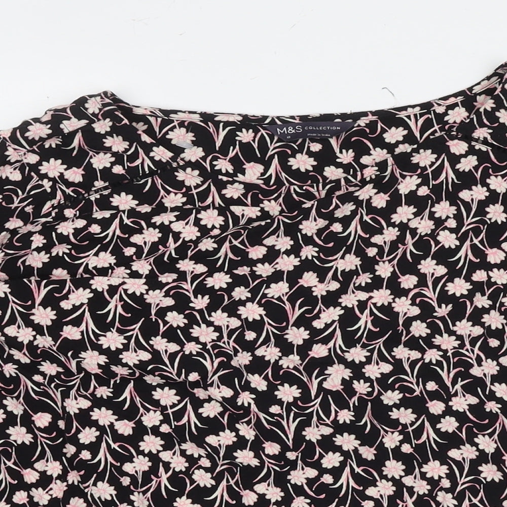 Marks and Spencer Womens Black Floral Viscose Basic Blouse Size 12 Round Neck