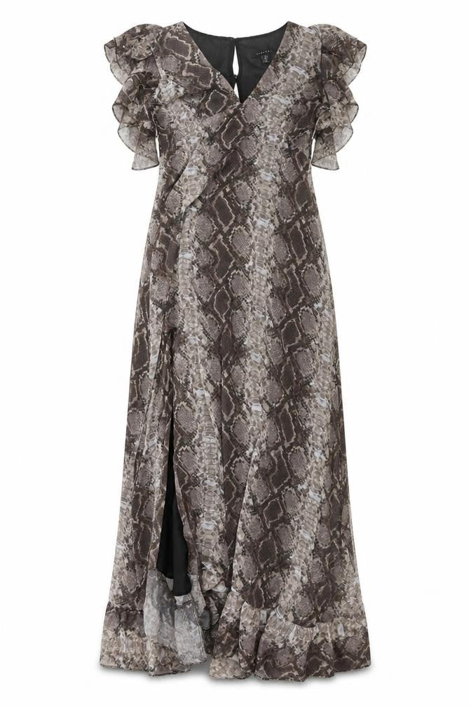 Topshop Womens Brown Animal Print Polyester Maxi Size 12 V-Neck Pullover - Snake Pattern
