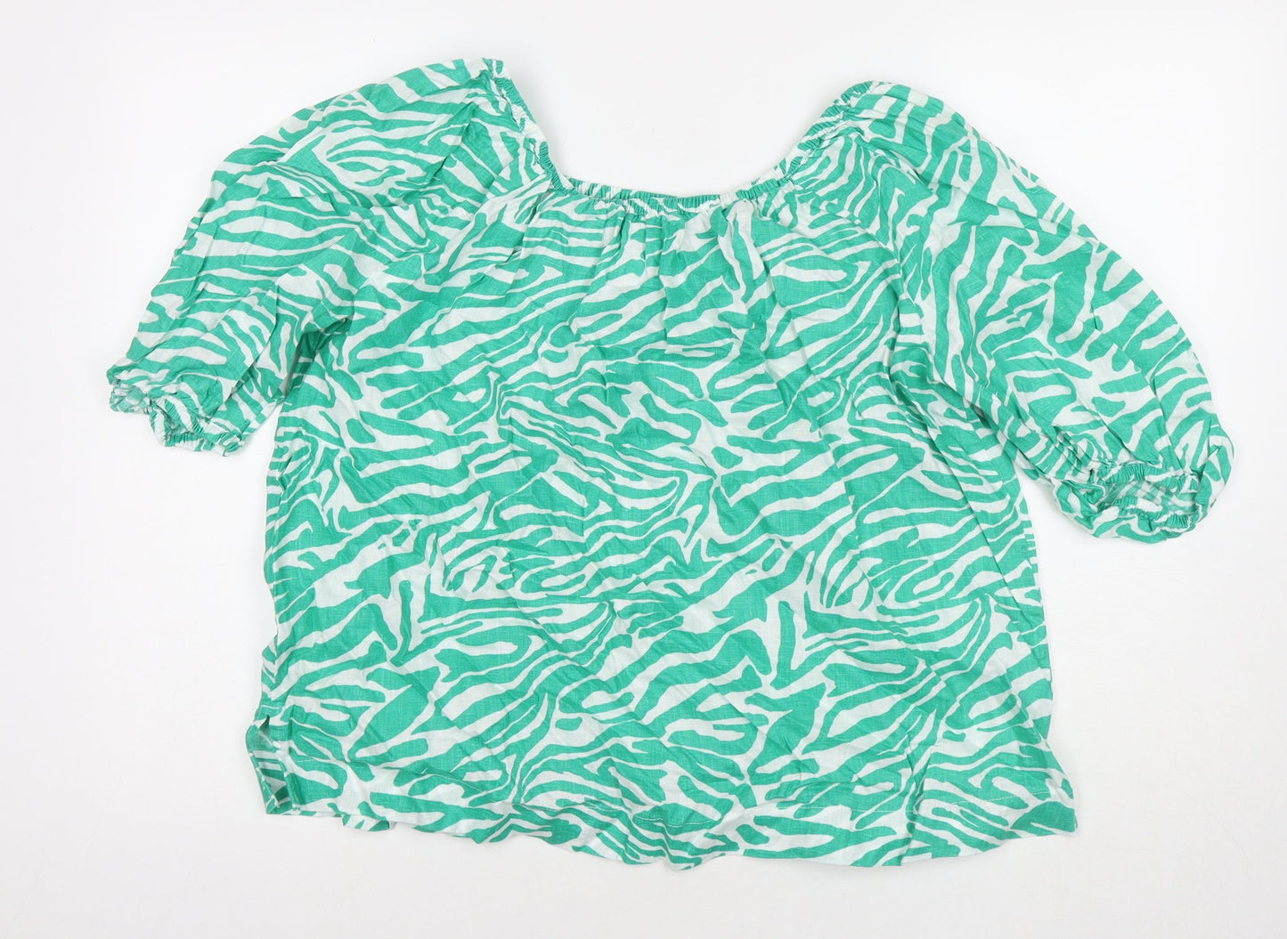 Marks and Spencer Womens Green Animal Print Cotton Basic Blouse Size 14 Scoop Neck