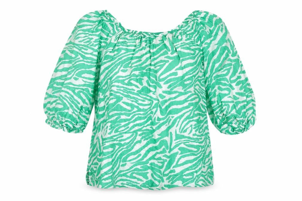 Marks & Spencer Womens Green Animal Print Cotton Basic Blouse Size 14 Scoop Neck