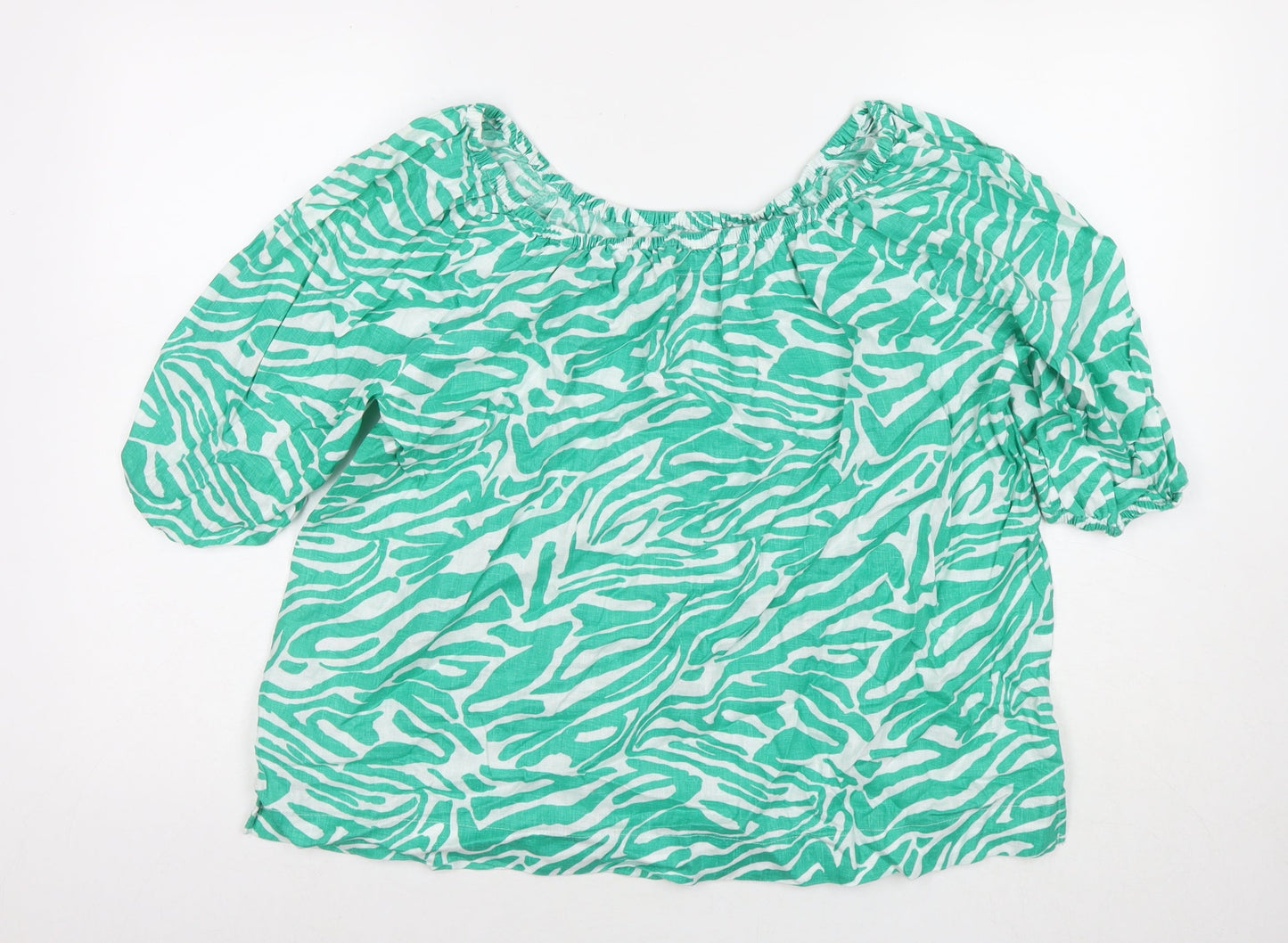 Marks and Spencer Womens Green Animal Print Cotton Basic Blouse Size 14 Scoop Neck