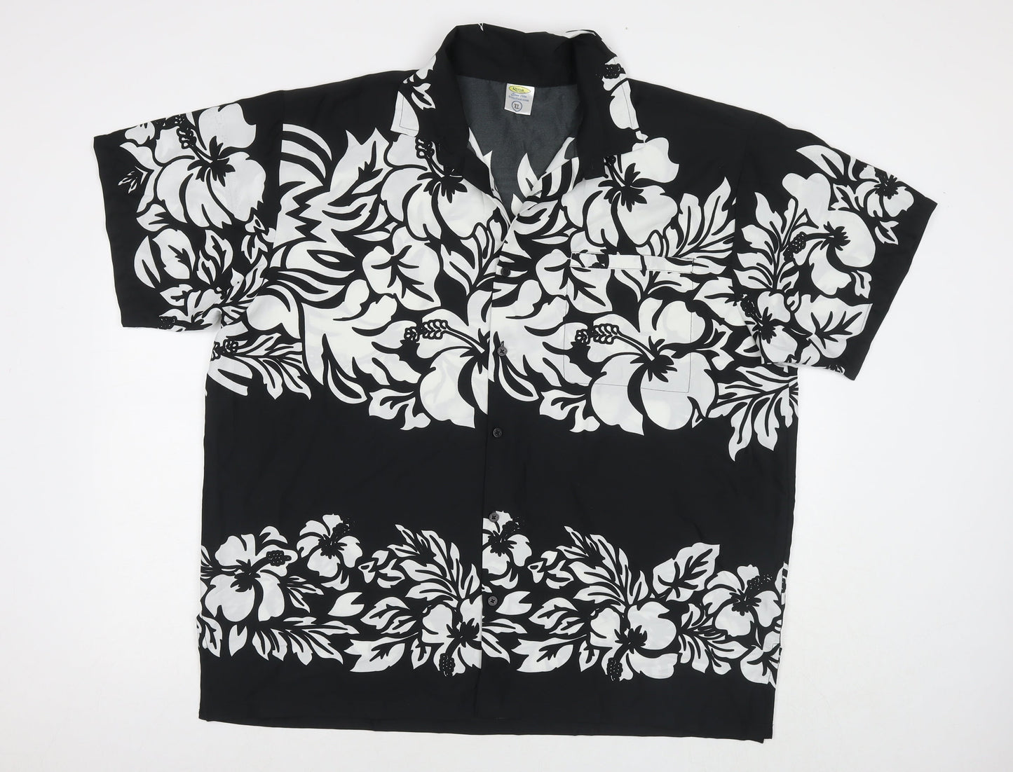 Rima Mens Black Floral Polyester Button-Up Size XL Collared Button
