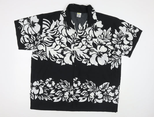 Rima Mens Black Floral Polyester Button-Up Size XL Collared Button