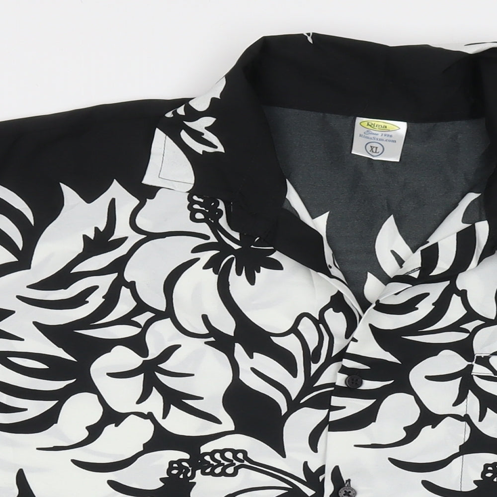 Rima Mens Black Floral Polyester Button-Up Size XL Collared Button