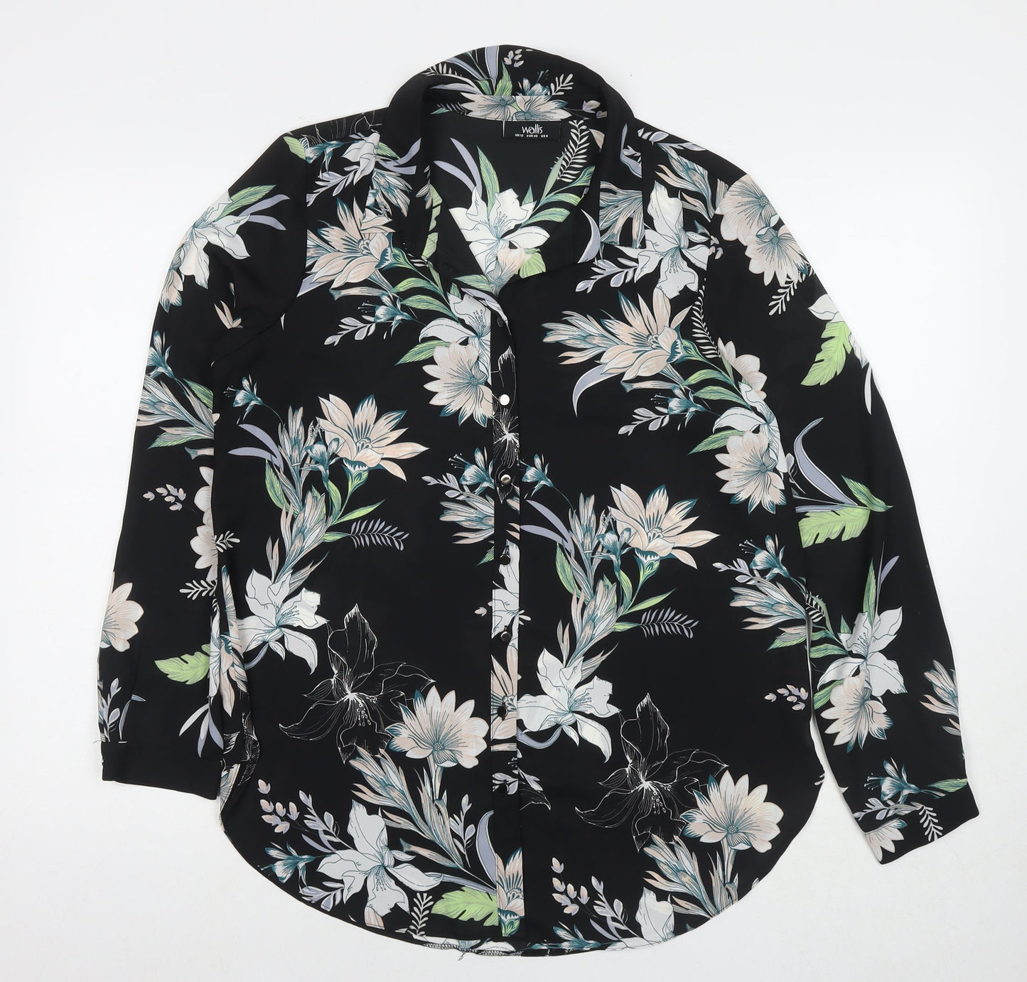 Wallis Womens Black Floral Polyester Basic Button-Up Size 12 Round Neck