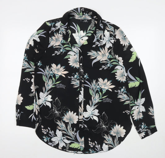 Wallis Womens Black Floral Polyester Basic Button-Up Size 12 Round Neck