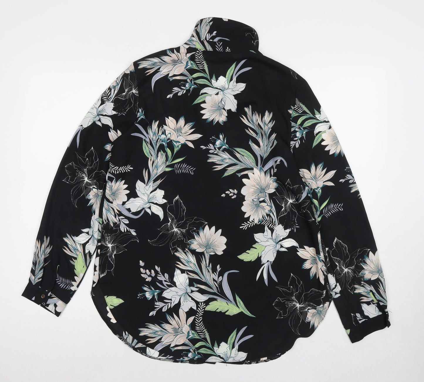 Wallis Womens Black Floral Polyester Basic Button-Up Size 12 Round Neck
